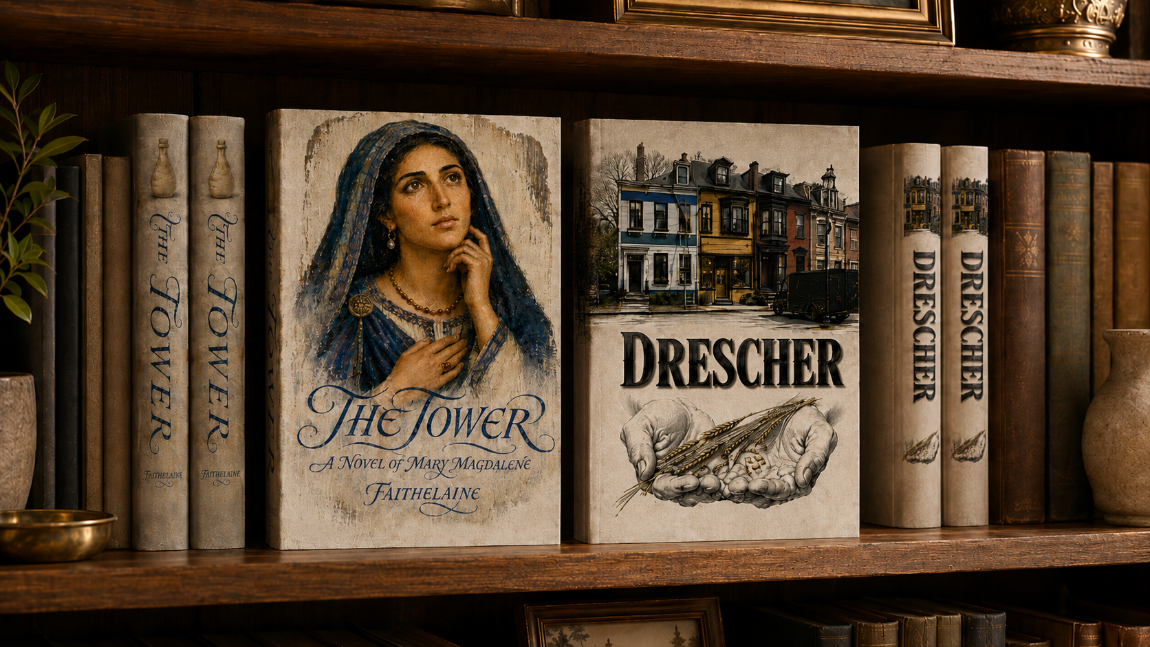 A wooden bookshelf holding The Tower and Drescher by Faith Elaine, front covers and spines facing out
