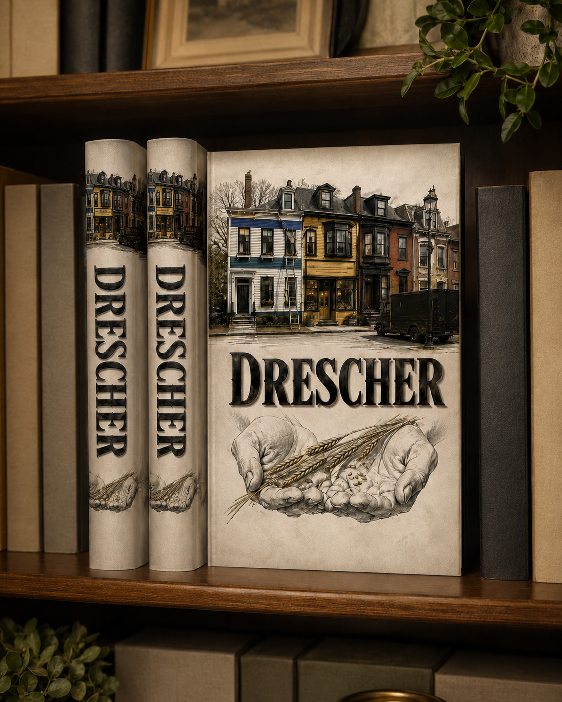 A wooden bookshelf holding copies of Drescher by Faith Elaine, spines and front cover facing out