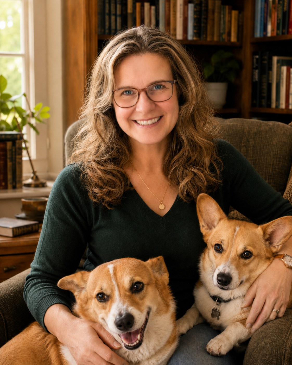 Faith Elaine at home in her library with two of her corgis
